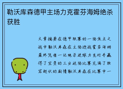 勒沃库森德甲主场力克霍芬海姆绝杀获胜 勒沃库森德甲主场力克霍芬海姆绝杀获胜