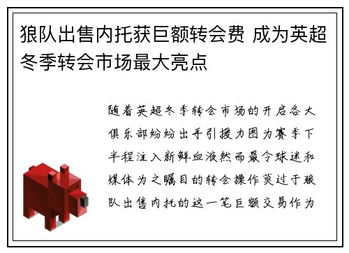 狼队出售内托获巨额转会费 成为英超冬季转会市场最大亮点 狼队出售内托获巨额转会费 成为英超冬季转会市场最大亮点